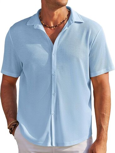 COOFANDY Men's Casual Shirts Short Sleeve Waffle Knit Button Down Shirt Wrinkle Free Summer Beach Tops in Saudi Arabia