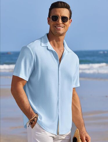 COOFANDY Men's Casual Shirts Short Sleeve Waffle Knit Button Down Shirt Wrinkle Free Summer Beach Tops in Saudi Arabia