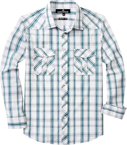 Men's Plaid Pearl Snap Button Shirts Casual Long Sleeve Checked Shirt Western Cowboy Shirts with Two Pockets for Work in Saudi Arabia