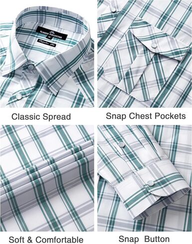 Men's Plaid Pearl Snap Button Shirts Casual Long Sleeve Checked Shirt Western Cowboy Shirts with Two Pockets for Work in Saudi Arabia