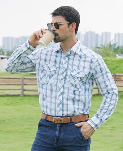 Men's Plaid Pearl Snap Button Shirts Casual Long Sleeve Checked Shirt Western Cowboy Shirts with Two Pockets for Work in Saudi Arabia