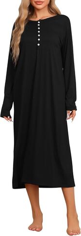 cheibear Womens Long Sleeve Long Nightgown Soft Button Down Nightshirt Knit Full Length Sleepwear in Saudi Arabia