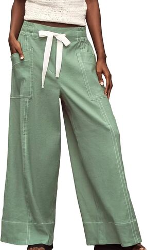 Ainangua Womens Linen Pants Flowy Wide Leg Palazzo Pants Maeve Beach Vacation Trousers Plus Size Summer Outfits in Saudi Arabia