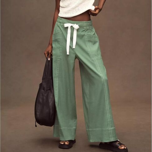 Ainangua Womens Linen Pants Flowy Wide Leg Palazzo Pants Maeve Beach Vacation Trousers Plus Size Summer Outfits in Saudi Arabia