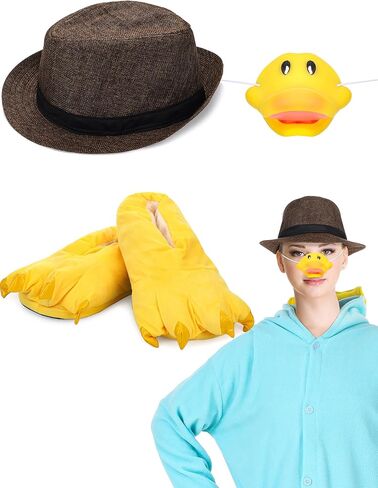 3 قطع أزياء بطة الهالوين للبالغين إكسسوار حفلات البط للجنسين، أحذية شباشب ناعمة على شكل مخلب البطة الصفراء، قبعة من القش للرجال والنساء في الهالوين in Kuwait