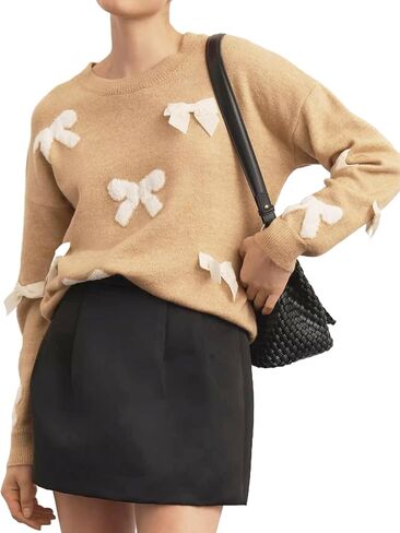 Womens Bow Sweater Cute Long Sleeve Crew Neck Drop Shoulder Trendy Fall Knitted Pullover Tops in Kuwait
