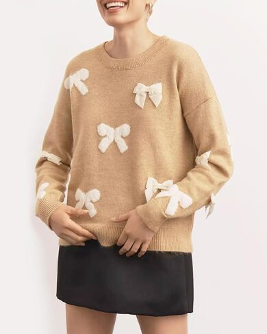 Womens Bow Sweater Cute Long Sleeve Crew Neck Drop Shoulder Trendy Fall Knitted Pullover Tops in Kuwait
