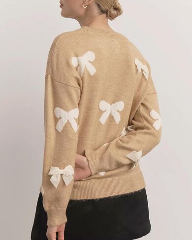 Womens Bow Sweater Cute Long Sleeve Crew Neck Drop Shoulder Trendy Fall Knitted Pullover Tops in Kuwait
