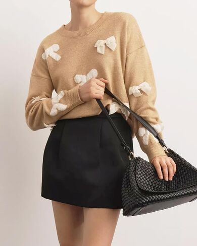 Womens Bow Sweater Cute Long Sleeve Crew Neck Drop Shoulder Trendy Fall Knitted Pullover Tops in Kuwait