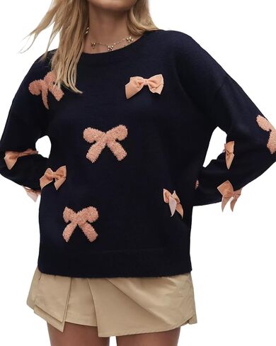 Womens Bow Sweater Cute Long Sleeve Crew Neck Drop Shoulder Trendy Fall Knitted Pullover Tops in Kuwait