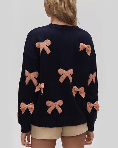 Womens Bow Sweater Cute Long Sleeve Crew Neck Drop Shoulder Trendy Fall Knitted Pullover Tops in Kuwait