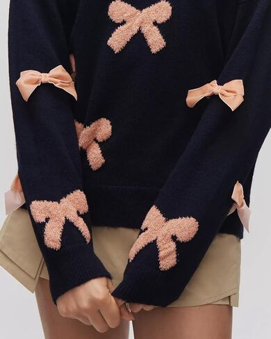 Womens Bow Sweater Cute Long Sleeve Crew Neck Drop Shoulder Trendy Fall Knitted Pullover Tops in Kuwait
