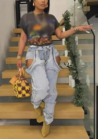 Tbahhir Women's Baggy Ripped Denim Jeans High Waisted Patchwork Boyfriend Wide Leg Distressed Stretchy Pants Y2K Streetwear in Kuwait