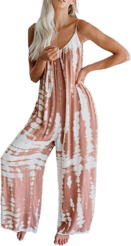 HVEPUO Spaghetti Strap Bohemian Summer Jumpsuits for Women Tie Dye Pant Rompers Casual Loose Plus Size Jumpers with Pockets in Saudi Arabia