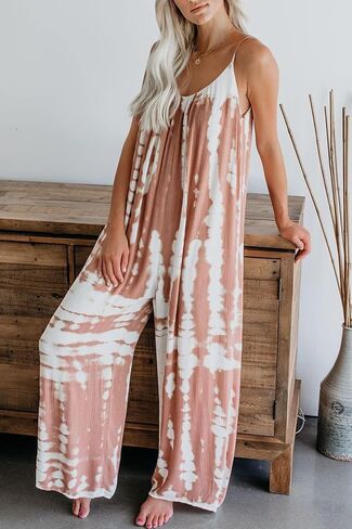 HVEPUO Spaghetti Strap Bohemian Summer Jumpsuits for Women Tie Dye Pant Rompers Casual Loose Plus Size Jumpers with Pockets in Saudi Arabia