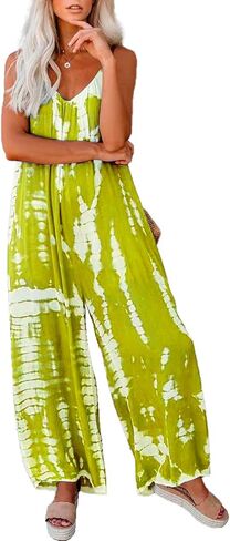HVEPUO Spaghetti Strap Bohemian Summer Jumpsuits for Women Tie Dye Pant Rompers Casual Loose Plus Size Jumpers with Pockets in Saudi Arabia
