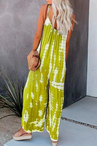 HVEPUO Spaghetti Strap Bohemian Summer Jumpsuits for Women Tie Dye Pant Rompers Casual Loose Plus Size Jumpers with Pockets in Saudi Arabia