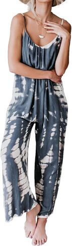 HVEPUO Spaghetti Strap Bohemian Summer Jumpsuits for Women Tie Dye Pant Rompers Casual Loose Plus Size Jumpers with Pockets in Saudi Arabia