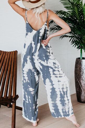 HVEPUO Spaghetti Strap Bohemian Summer Jumpsuits for Women Tie Dye Pant Rompers Casual Loose Plus Size Jumpers with Pockets in Saudi Arabia