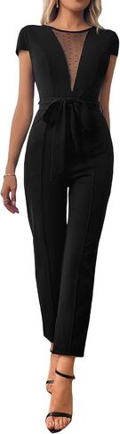 WDIRARA Women's Deep V Contrast Mesh Round Neck Long Jumpsuit Cap Sleeve Belted Zipper Romper in Saudi Arabia