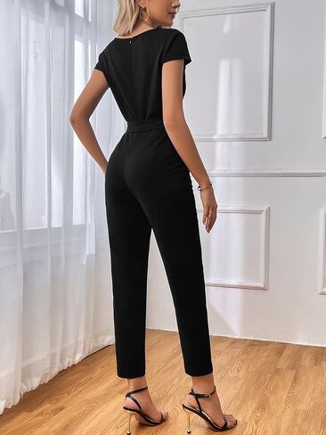 WDIRARA Women's Deep V Contrast Mesh Round Neck Long Jumpsuit Cap Sleeve Belted Zipper Romper in Saudi Arabia