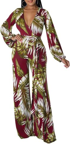 CutieLove Women's Sexy V Neck One Piece Jumpsuits Long Sleeve Casual Wide Leg Long Pants Jumpsuits with Belt in Saudi Arabia