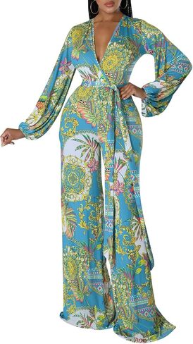 CutieLove Women's Sexy V Neck One Piece Jumpsuits Long Sleeve Casual Wide Leg Long Pants Jumpsuits with Belt in Saudi Arabia