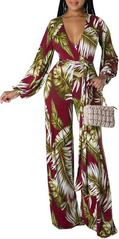 CutieLove Women's Sexy V Neck One Piece Jumpsuits Long Sleeve Casual Wide Leg Long Pants Jumpsuits with Belt in Saudi Arabia