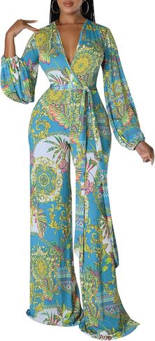 CutieLove Women's Sexy V Neck One Piece Jumpsuits Long Sleeve Casual Wide Leg Long Pants Jumpsuits with Belt in Saudi Arabia