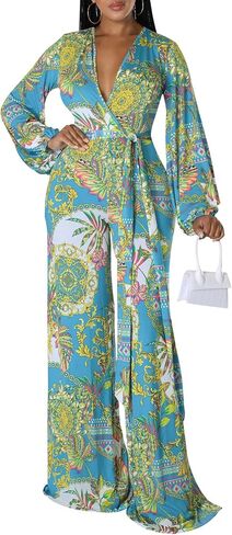 CutieLove Women's Sexy V Neck One Piece Jumpsuits Long Sleeve Casual Wide Leg Long Pants Jumpsuits with Belt in Saudi Arabia