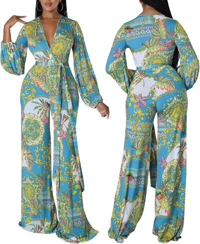 CutieLove Women's Sexy V Neck One Piece Jumpsuits Long Sleeve Casual Wide Leg Long Pants Jumpsuits with Belt in Saudi Arabia