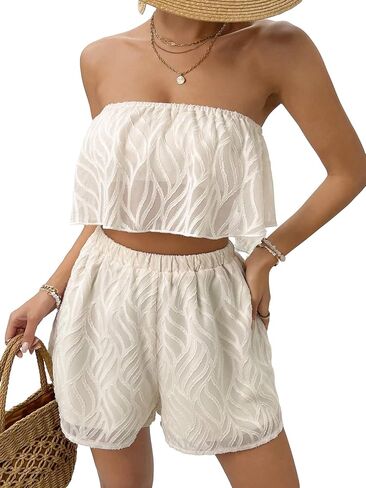 OYOANGLE Women's 2 Piece Outfits Boho Sleeveless Strapless Bandeau Tube Top and Elastic Waist Shorts Set in Saudi Arabia