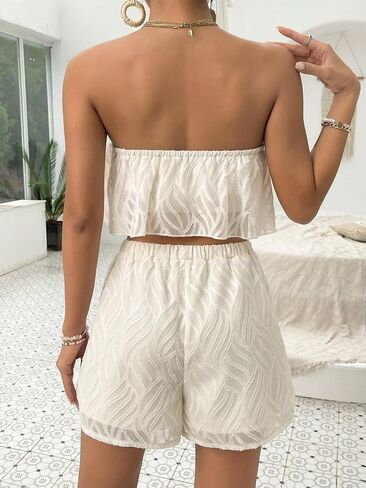 OYOANGLE Women's 2 Piece Outfits Boho Sleeveless Strapless Bandeau Tube Top and Elastic Waist Shorts Set in Saudi Arabia