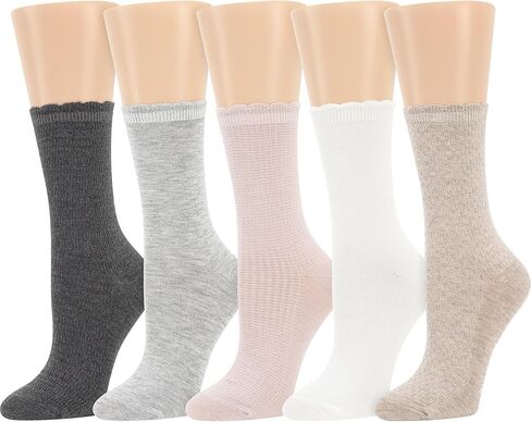 Dearfoams Ladies 5 Pair Pack Everyday Super Soft Ultimate Comfort Multicolor Assorted Easy Care Scallop Edge Crew Socks in Saudi Arabia
