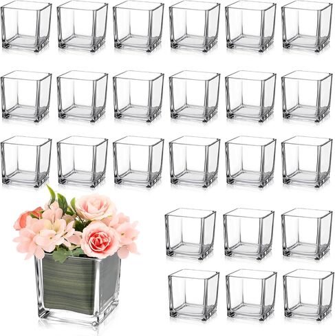 12 Pcs Square Glass Vases 4 x 4 Inch and 2 Rolls 3 Inch x 30 Yards Leaf Floral Ribbon Clear Glass Cube Vase Square Flower Vases for Centerpieces Candle Holders for Home Table Wedding Events in Saudi Arabia