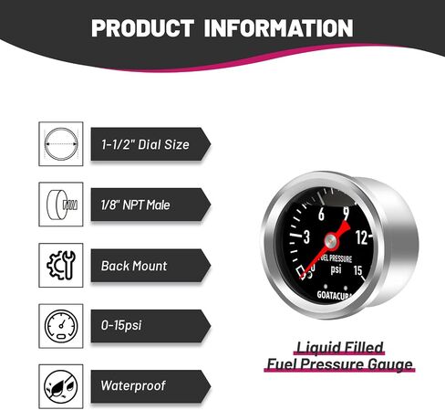 0-15psi Glycerin Filled Fuel Pressure Gauge, 1-1/2" Black Dial Size, 304 Stainless Steel Case, 1/8" NPT Center Back Mount, with High Accuracy, for Measuring Fuel Pressure in Kuwait