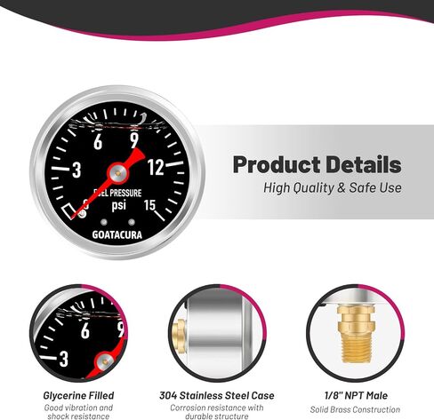 0-15psi Glycerin Filled Fuel Pressure Gauge, 1-1/2" Black Dial Size, 304 Stainless Steel Case, 1/8" NPT Center Back Mount, with High Accuracy, for Measuring Fuel Pressure in Kuwait