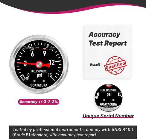0-15psi Glycerin Filled Fuel Pressure Gauge, 1-1/2" Black Dial Size, 304 Stainless Steel Case, 1/8" NPT Center Back Mount, with High Accuracy, for Measuring Fuel Pressure in Kuwait