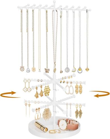 iDavosic.ly 4 Tier Rotating Earring Holder Organizer with Storage Tray, Adjustable Metal Necklace Display Stands Tree with 22 Hooks, Large Jewelry Rack Tower for 120 Pairs of Earrings (Black) in Saudi Arabia