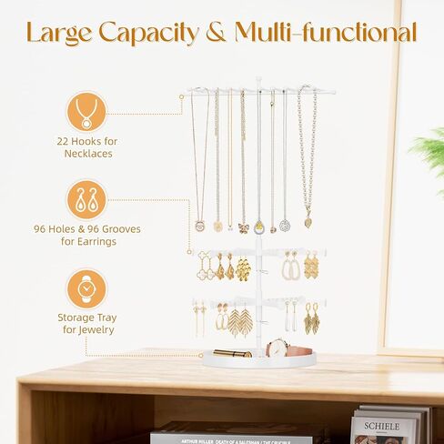 iDavosic.ly 4 Tier Rotating Earring Holder Organizer with Storage Tray, Adjustable Metal Necklace Display Stands Tree with 22 Hooks, Large Jewelry Rack Tower for 120 Pairs of Earrings (Black) in Saudi Arabia