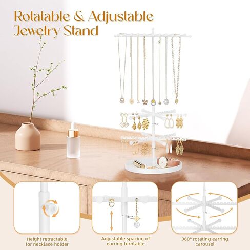 iDavosic.ly 4 Tier Rotating Earring Holder Organizer with Storage Tray, Adjustable Metal Necklace Display Stands Tree with 22 Hooks, Large Jewelry Rack Tower for 120 Pairs of Earrings (Black) in Saudi Arabia