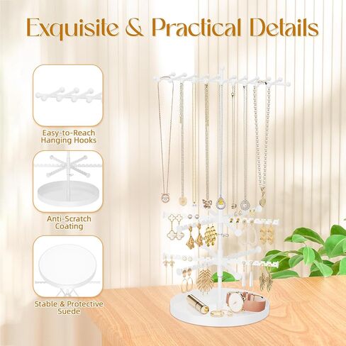 iDavosic.ly 4 Tier Rotating Earring Holder Organizer with Storage Tray, Adjustable Metal Necklace Display Stands Tree with 22 Hooks, Large Jewelry Rack Tower for 120 Pairs of Earrings (Black) in Saudi Arabia