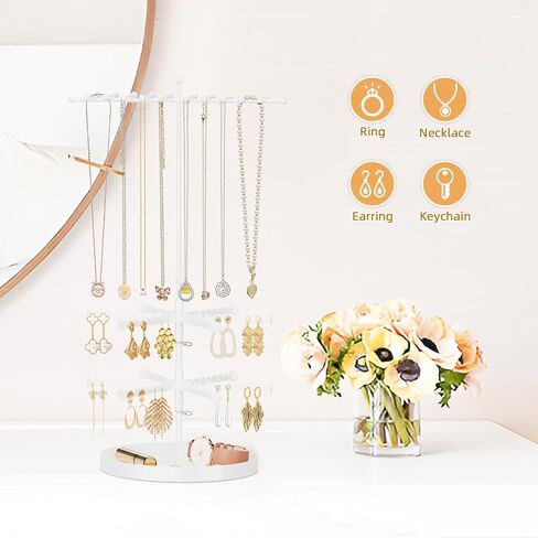 iDavosic.ly 4 Tier Rotating Earring Holder Organizer with Storage Tray, Adjustable Metal Necklace Display Stands Tree with 22 Hooks, Large Jewelry Rack Tower for 120 Pairs of Earrings (Black) in Saudi Arabia