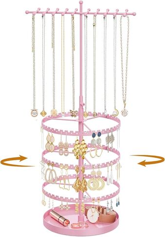 iDavosic.ly 4 Tier Rotating Earring Holder Organizer with Storage Tray, Adjustable Metal Necklace Display Stands Tree with 22 Hooks, Large Jewelry Rack Tower for 120 Pairs of Earrings (Black) in Saudi Arabia