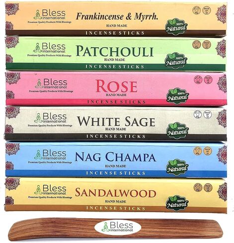 Bless-International-Frankincense-and-Myrrh-Patchouli-Rose-Sandalwood-Nag-Champa-White-Sage Natural-Handmade-Organic-for-Relaxation-Positivity-Yoga-Meditation 150-Sticks-25x6-Fragrances with Holder in Kuwait