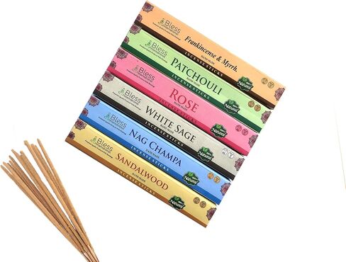 Bless-International-Frankincense-and-Myrrh-Patchouli-Rose-Sandalwood-Nag-Champa-White-Sage Natural-Handmade-Organic-for-Relaxation-Positivity-Yoga-Meditation 150-Sticks-25x6-Fragrances with Holder in Kuwait