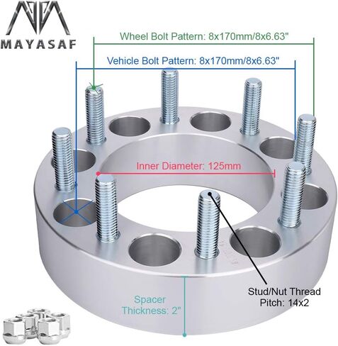 MAYASAF Wheel Spacers [2" Thick, 4 Pack, 8 Lugs] for Ford 1999-04 F-250/ F-250 Super Duty/F-350/F-350 Super Duty, 2000-02 Excursion, 8x6.63 Bolt Pattern, 125mm Hub Bore, 14x2 Studs in Saudi Arabia