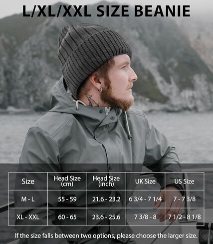 M/L/XL/XXL Wool Beanie for Men and Women, Fleece Lined Oversized Winter Knit Hat, Large Warm Wool Cuffed Cap for Big Head in Kuwait