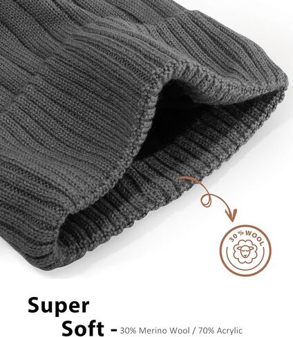 M/L/XL/XXL Wool Beanie for Men and Women, Fleece Lined Oversized Winter Knit Hat, Large Warm Wool Cuffed Cap for Big Head in Kuwait
