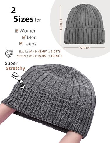 M/L/XL/XXL Wool Beanie for Men and Women, Fleece Lined Oversized Winter Knit Hat, Large Warm Wool Cuffed Cap for Big Head in Kuwait